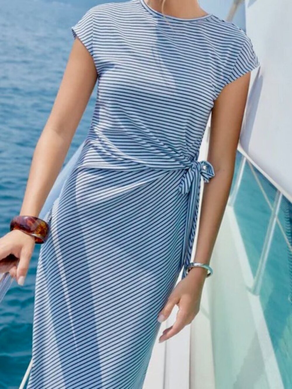 *NWT* OGL Lyocell Striped Tie Waist Midi Dress Medium 6-8 Blue Navy